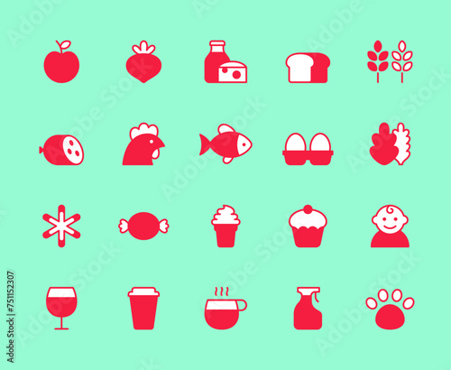 Grocery icon set. Modern supermarket food symbol illustrations. Retail store product signs. Vector shop department pictograms such as fruit, dairy, fish, chicken, coffee, bakery, wine, frozen