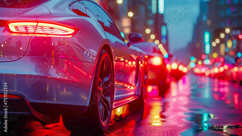 Cars on the road in the rain with a blurred background at night in the city, illuminated by red lights © Aliaksandra