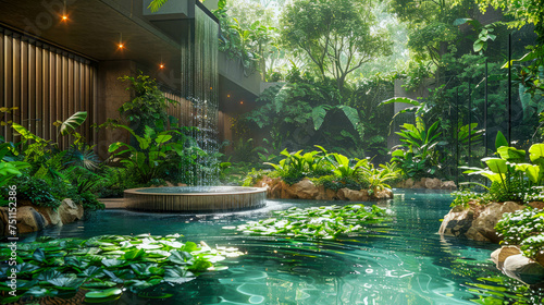 Beautiful tropical garden with pond and fountain in hotel