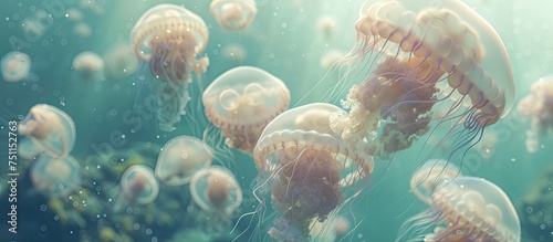A group of jellyfish gracefully gliding through algae infested warm seas, viewed from above on a lazy summer day. The translucent creatures move rhythmically with the gentle ocean currents. © 2rogan
