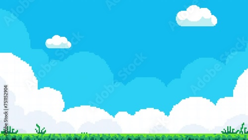 Pixel cloud background of retro video game background. 8 bit pixel game nature landscape scene with green grass with moving clouds and blue sky. Pixelated template for computer game or application. photo