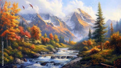 Behold the breathtaking beauty of mountain streams carving through landscapes, embracing quaint villages, with the added grace of colorful birds soaring in the expansive sky. © Shakeel,s Graphics