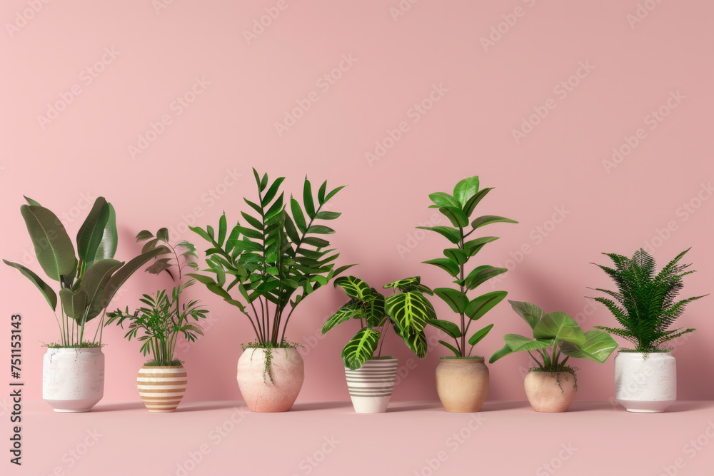 Array of beautiful foliage housed in stylish ceramic pots, against an enchanting pink background, Generative AI