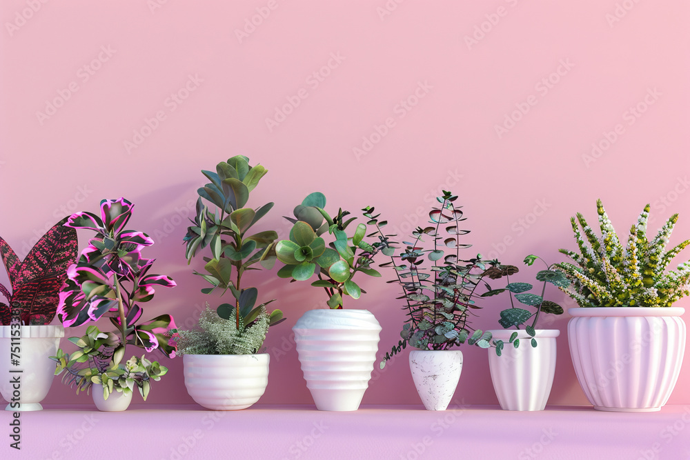 Array of colorful foliage in elegant ceramic pots, on a delightful pink background, Generative AI Array of colorful foliage in elegant ceramic pots, on a delightful pink background, Generative AI