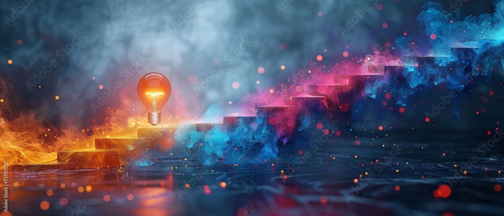 Electric light bulb concept Steps to success with waves of obstacles. Set goals and imagine success concept background concept