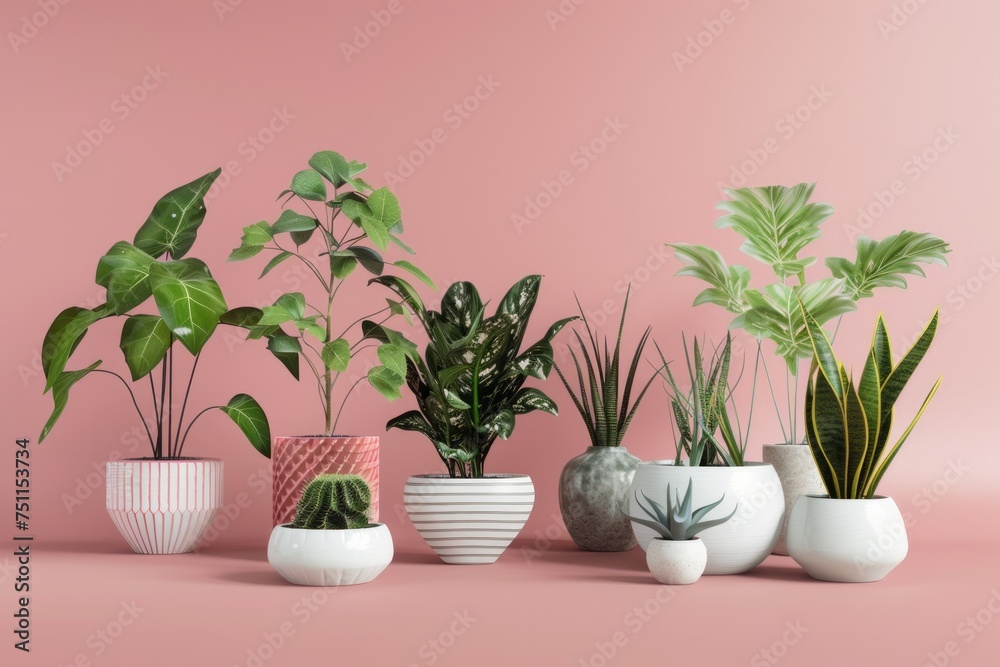 Collection of exquisite plants in decorative ceramic pots, against a captivating pink background, Generative AI