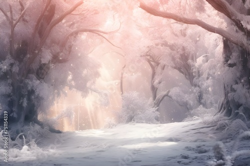 Enchanted Winter Forest  A dreamy winter forest scene with snow-covered trees and soft  diffused light.  