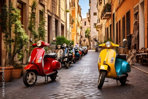 Classic Vespa Scooters in Rome  A charming scene of colorful Vespa scooters parked on a cobblestone street in Rome  Italy.  