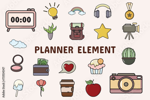 Planner Element Lineal Color Vector Illustration Icon Sticker Set Design Materials