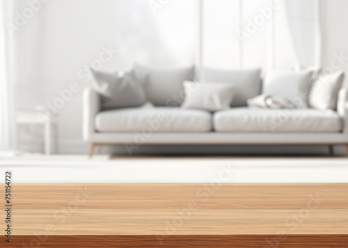 Wood table for product display with blurred living room
