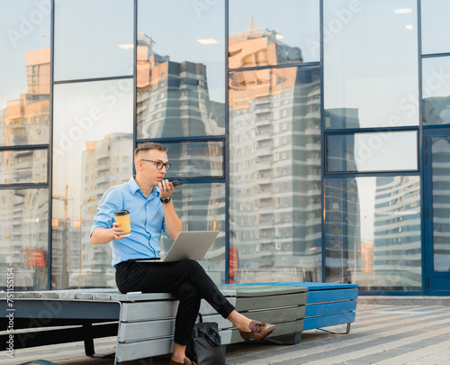 Professional man, Businessman make phone call outdoor. photo