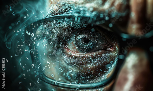 Human eye peering through glasses, surrounded by an array of floating, three-dimensional letters in a cryptic pattern symbolizing vision, knowledge, and the search for meaning in language photo