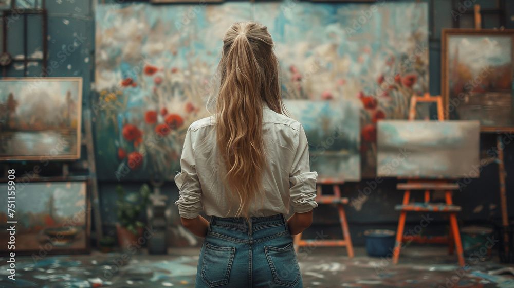 Woman With Long Hair Standing in Front of Painting