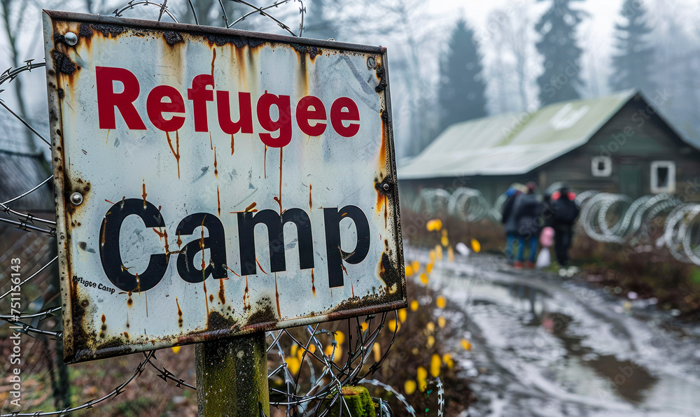 Refugee Camp Entrance Sign Surrounded by Barbed Wire, Depicting the Harsh Realities of Displacement and the Need for Humanitarian Aid and Shelter Refugee Camp Entrance Sign Surrounded by Barbed Wire, Depicting the Harsh Realities of Displacement and the Need for Humanitarian Aid and Shelter