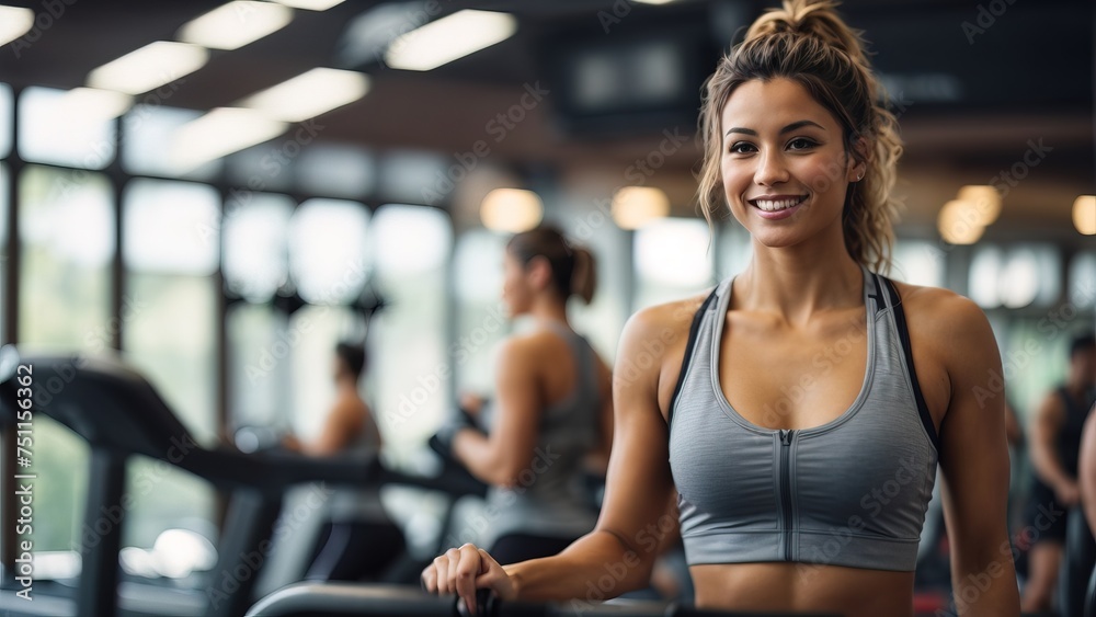 Happy woman working out at gym, fitness girl