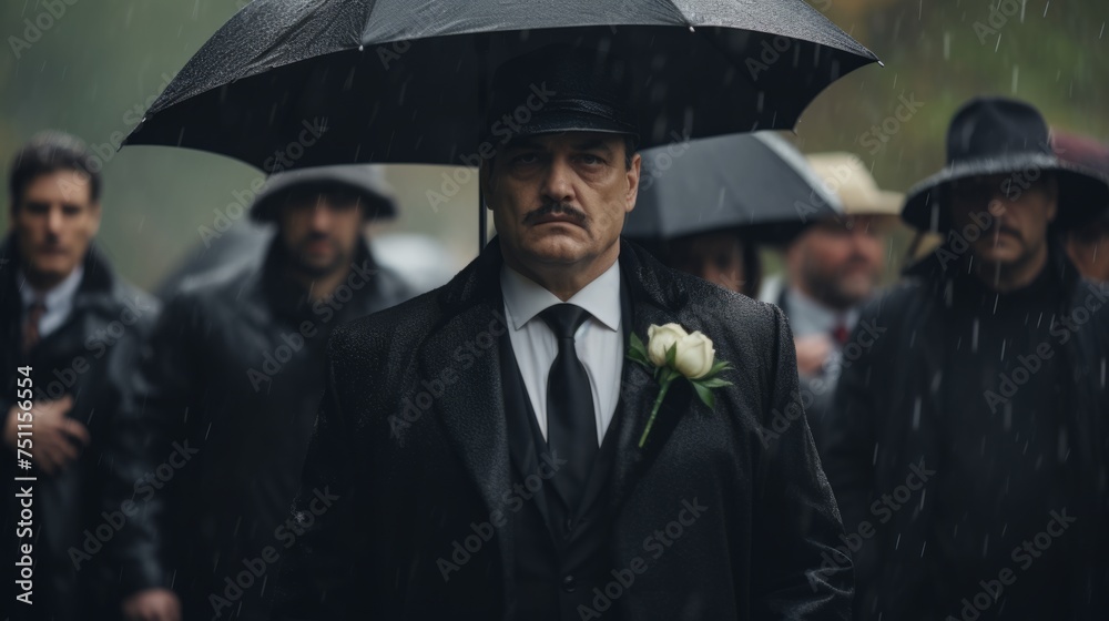 Obraz premium Funeral of a mafia boss. Sad faces. Mourning. People dressed in black