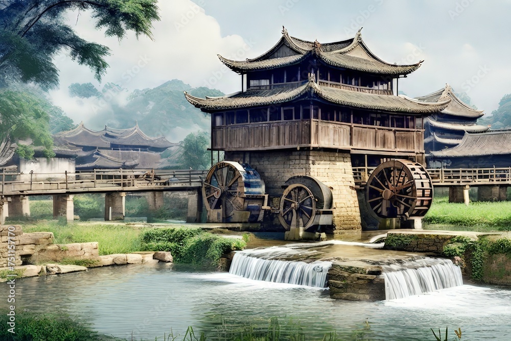 an ancient village,tree,hills and rivers ai generative an ancient village,tree,hills and rivers ai generative