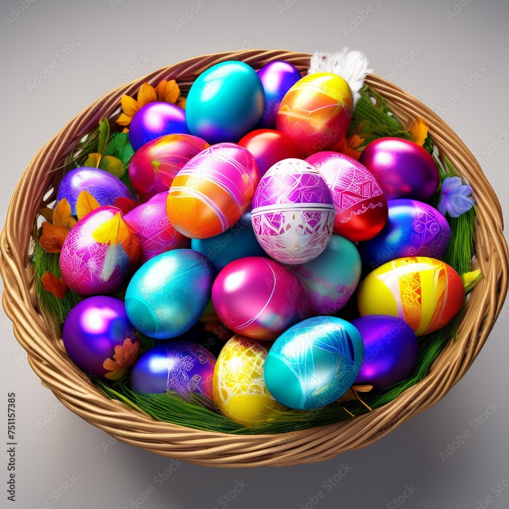 the Easter landscape, bunnies with colorful eggs the Easter landscape, bunnies with colorful eggs