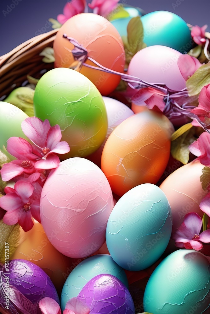 the Easter landscape, bunnies with colorful eggs the Easter landscape, bunnies with colorful eggs