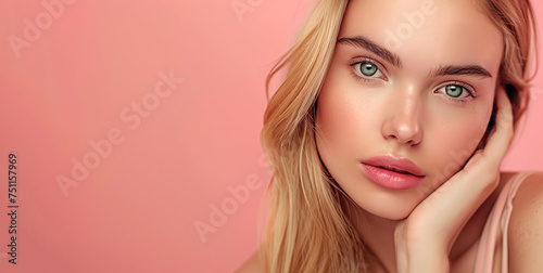 Beautiful Young Blond Woman with Green Eyes. Perfect Skin. Facial Skin Care. Cosmetology, Beauty, Cosmetics Concept, Spa. Beige Pink Background with Copy Space.