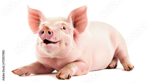A cheerful pink piglet smiling directly at the camera, isolated on a white background. 