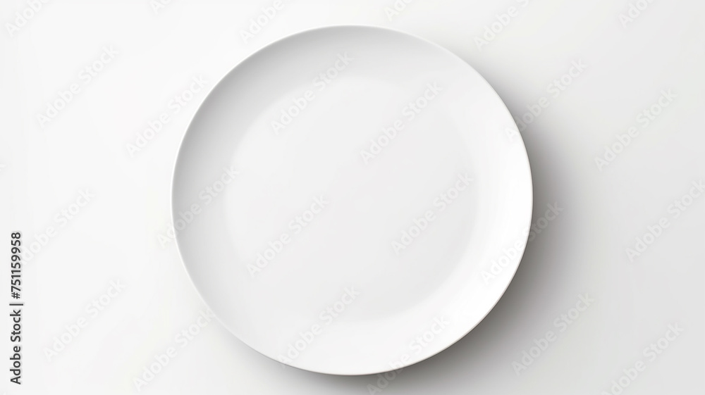 A white empty round plate on a white background, an image with copy space A white empty round plate on a white background, an image with copy space