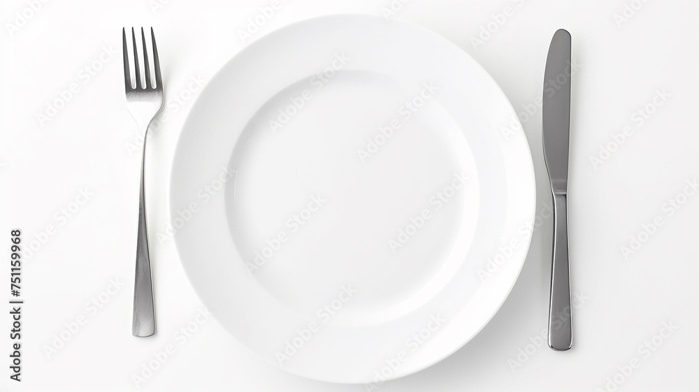 A white empty round plate on a white background with a knife and fork, an image of a table setting with copy space A white empty round plate on a white background with a knife and fork, an image of a table setting with copy space