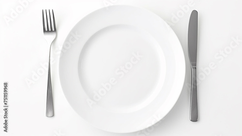 A white empty round plate on a white background with a knife and fork, an image of a table setting with copy space
