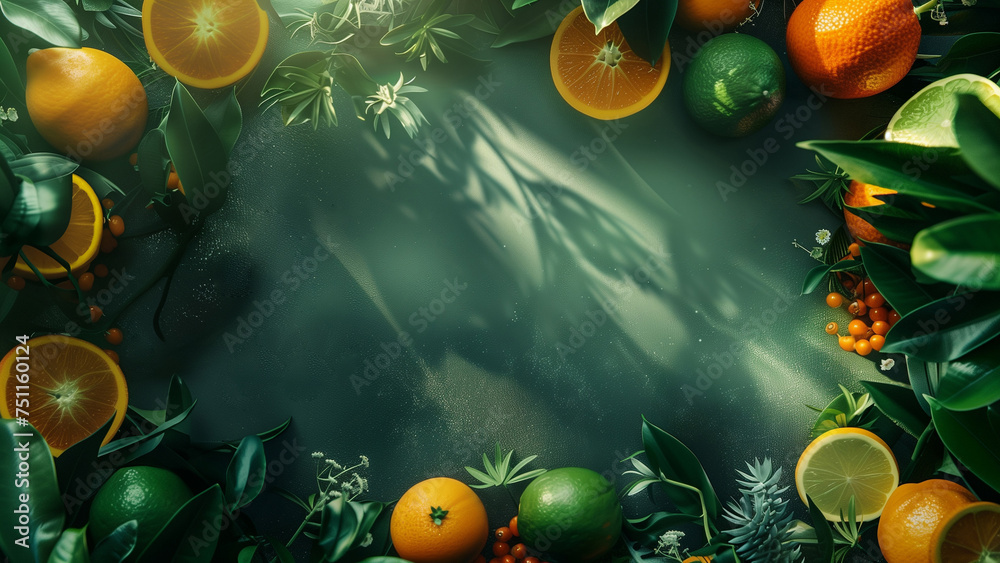 Citrus fruits and leaves cast shadows on a dark surface in top view for text or product showcase