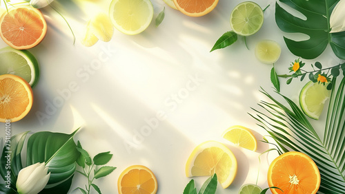 Bright citrus fruits with tropical foliage on backdrop in top view for text or product showcase