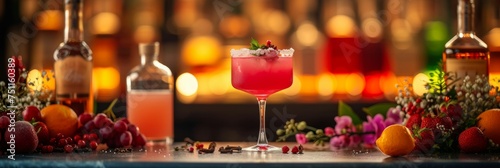 exquisite cocktail creation, meticulously decorated with fruits and flowers, elegantly presented on a bar table against the lavish interior of a 5-star hotel, embodying the hospitality. ai generated