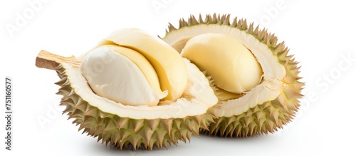 A peeled durian fruit sits on a white background, showcasing its creamy flesh and spiky exterior in contrast. The durian appears ripe and ready to be enjoyed.