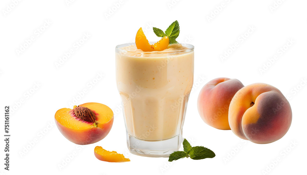 Peach smoothie in a glass with mint and peaches on a transparent background.