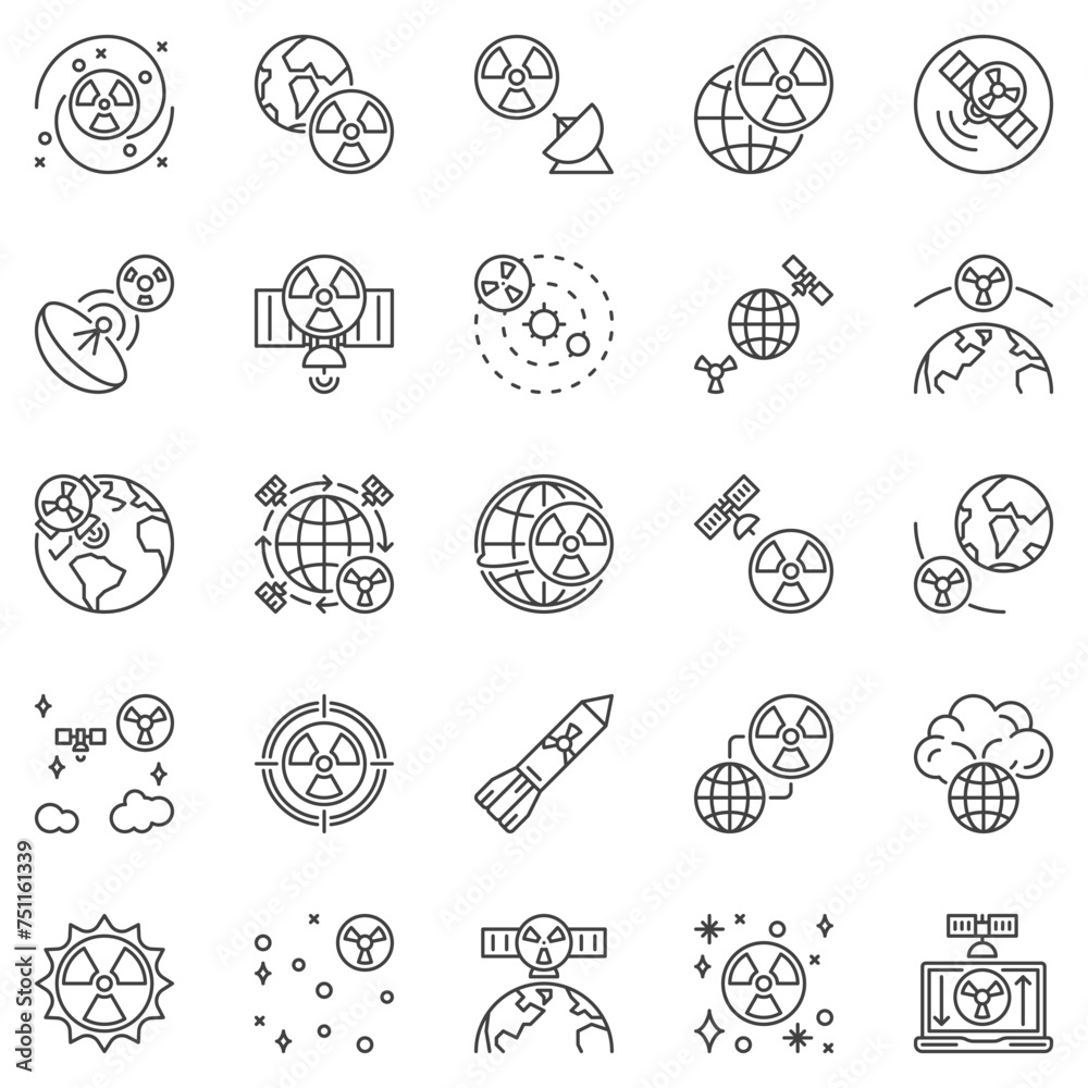 Nukes in Space outline icons set - Space-Based Nuclear Weapons, Missile line concept vector symbols Nukes in Space outline icons set - Space-Based Nuclear Weapons, Missile line concept vector symbols