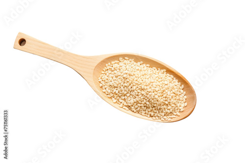 Wooden Spoon Filled With Sesame Seeds. A close-up view of a wooden spoon holding a heap of sesame seeds. Isolated on a Transparent Background PNG.