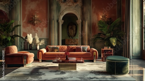 An HD portrait of refinement, showcasing a conversion room adorned with two opulent sofas and a vibrant coffee table, harmonizing simplicity and luxury in a captivating visual composition.