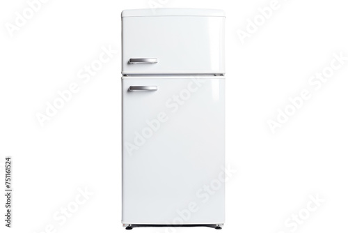 White Refrigerator Freezer on White Floor. A white refrigerator freezer is placed on top of a white floor, blending seamlessly into its surroundings. Isolated on a Transparent Background PNG.