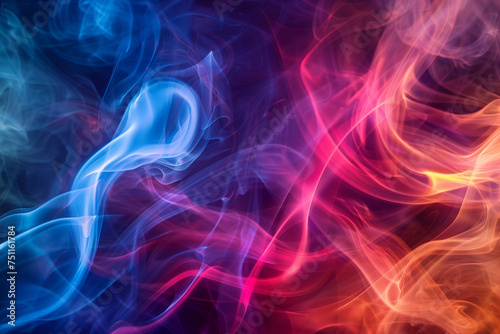 Abstract swirls of bright smoke, interweaving of blue, pink and red shades, dynamic movement, black background
