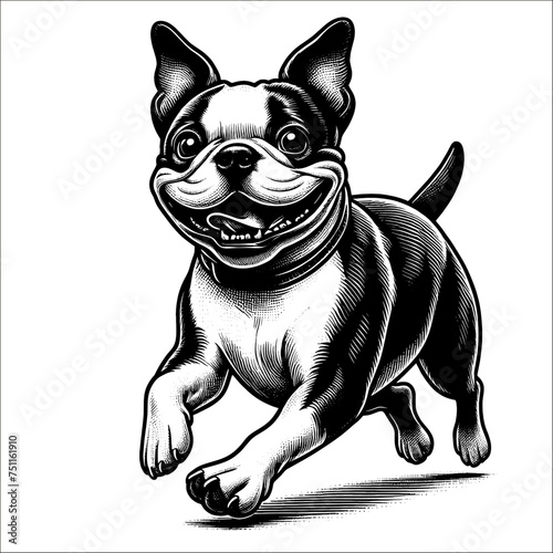 Happy Boston Terrier running. Hand Drawn Pen and Ink. Vector Isolated in White. Engraving vintage style illustration for print, tattoo, t-shirt, sticker  © Vector Deluxe Studio