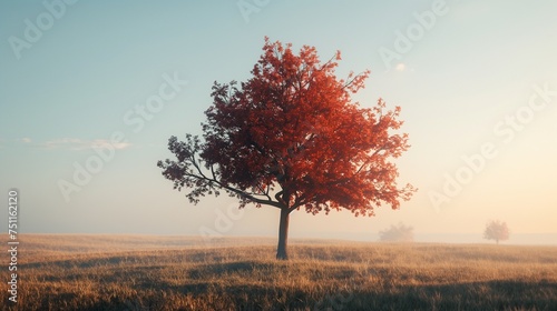 An isolated tree standing tall in a field, its branches adorned with fiery red and orange leaves, against a clear autumn sky.