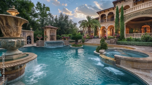 An opulent retreat captured in HD, a lavish pool boasting intricate water features and surrounded by decadent landscaping