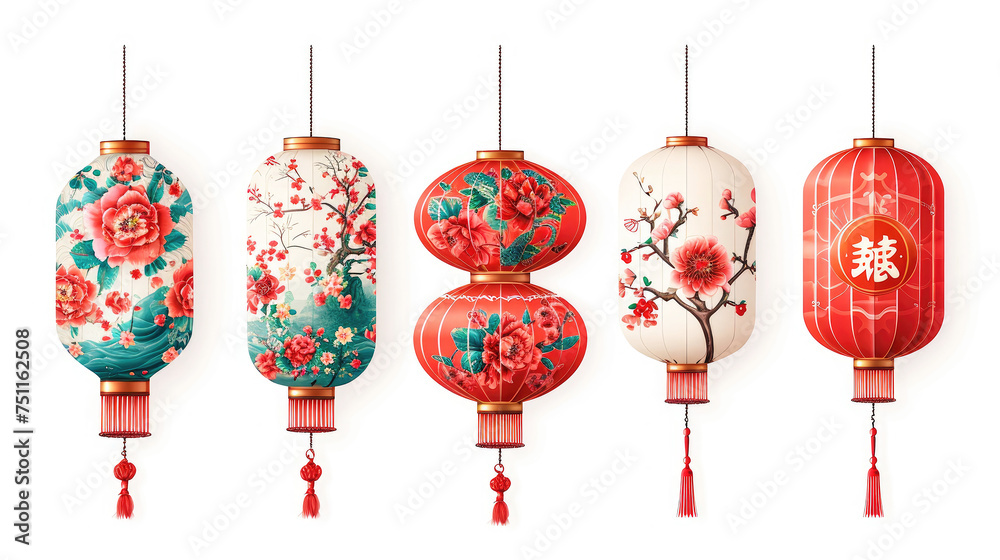 Chinese New Year decorations and lanterns mingling with festive holiday ornaments and decorations collection 5 set Chinese New Year decorations and lanterns mingling with festive holiday ornaments and decorations collection 5 set