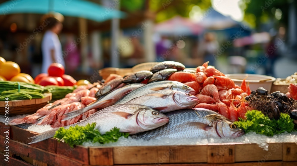 Close-up of fresh red sea fish and seafood on a street stall with vegetables. Local Organic Farm products, Agriculture concepts.
