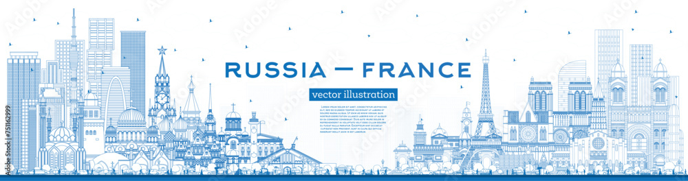 Outline Russia and France skyline with blue buildings. Famous landmarks. Vector illustration. France and Russia concept. Diplomatic relations between countries.