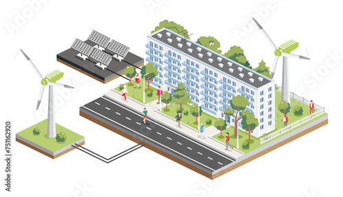 Isometric residential six storey building with people, road and trees. Infographic element. Solar panels and wind turbines. Green eco friendly house. Infographic element.