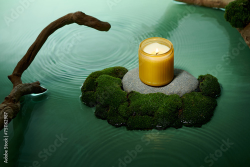 Glass of candle on stone natural original ecology on water surface