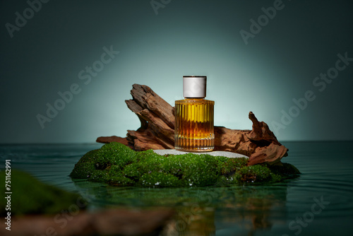 Perfume bottle with branch and moss on turquoise and water background photo