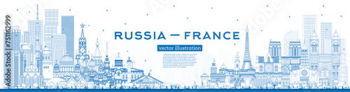 Outline Russia and France skyline with blue buildings. Famous landmarks. Vector illustration. France and Russia concept. Diplomatic relations between countries.