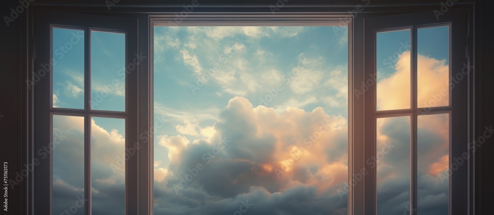 Fototapeta premium A window in a house reveals a cloudy sky outside. The thick grey clouds cover the sky, blocking the sunlight. The scene is quiet and moody, with no visible signs of rain.