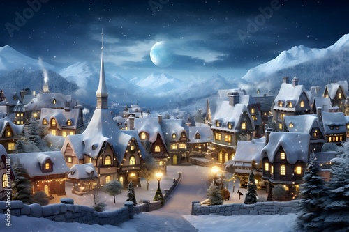 Glistening Snow-covered Village  A picturesque winter village scene with snow-covered rooftops and twinkling lights.  